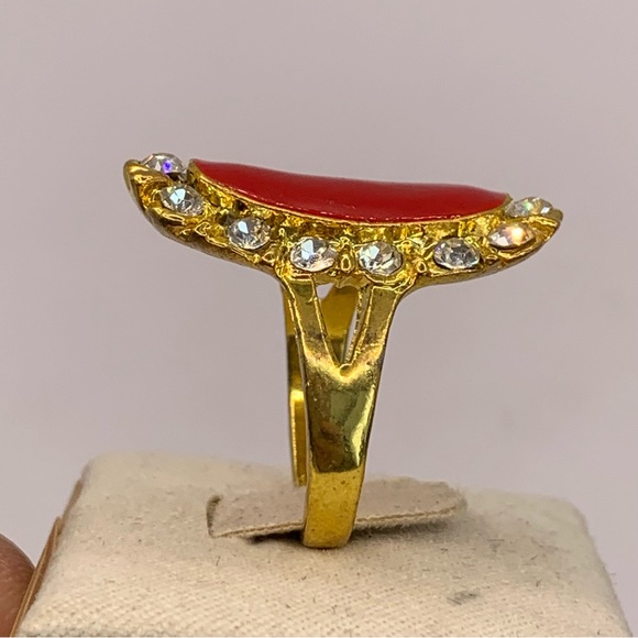 Gold plated NEW red enamel and rhinestone wide oval statement ring size 8 - Picture 7 of 9